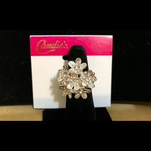 Silver Mini-Flowered Rhinestone Ring-stretch band